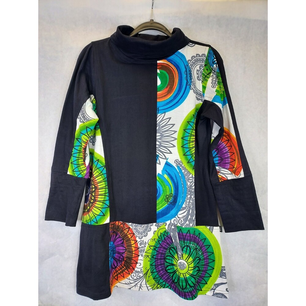 Leopards & Roses Patchwork Spiral Tunic Women's S Cotton Top Floral Boho Hippie